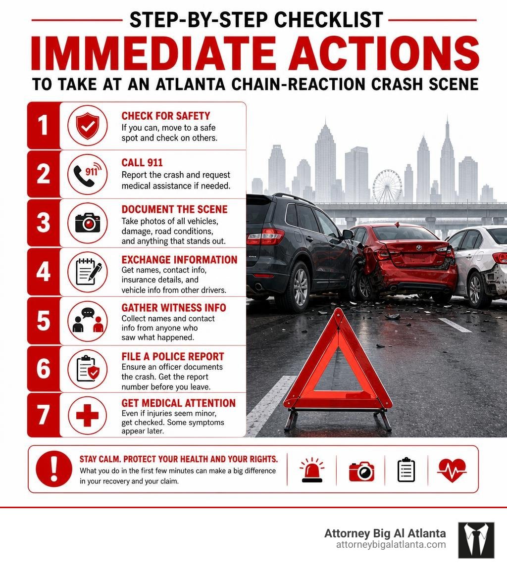 Step-by-step checklist of immediate actions to take at an Atlanta chain-reaction crash scene infographic