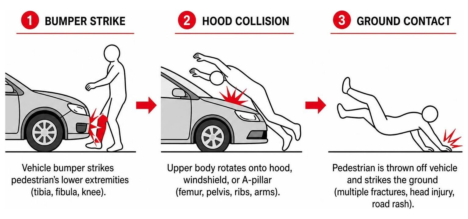 Diagram showing the three stages of pedestrian impact: bumper strike, hood collision, and ground contact