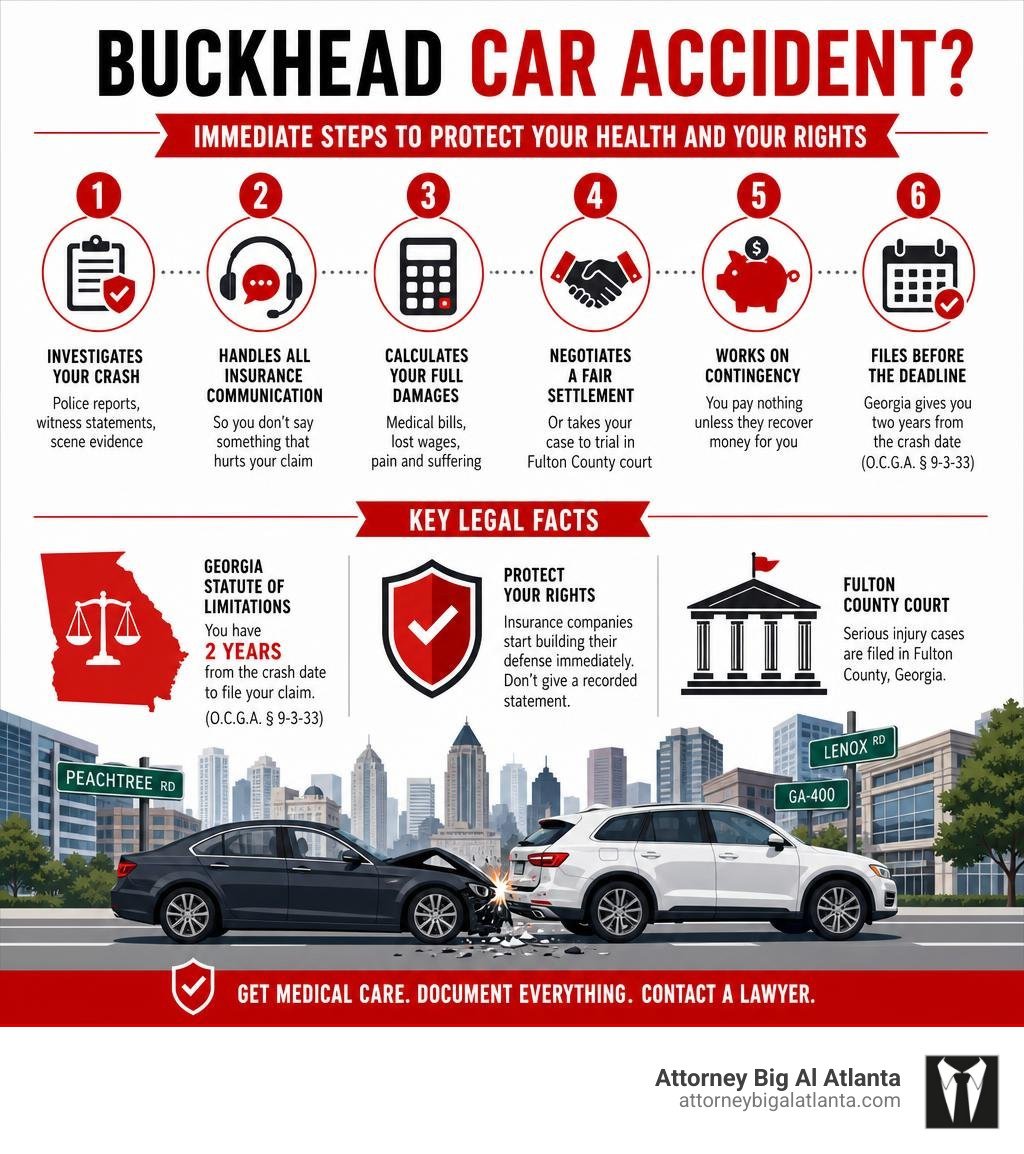 Infographic showing immediate steps after a Buckhead Atlanta car accident and key legal facts infographic
