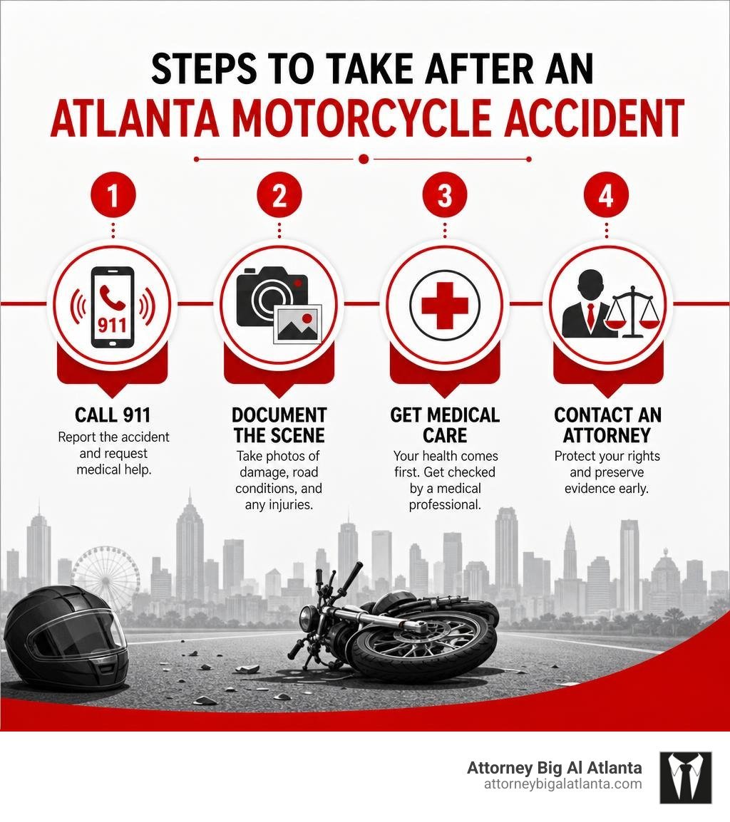 Steps to take after an Atlanta motorcycle accident: call 911, document scene, get medical care, contact attorney infographic