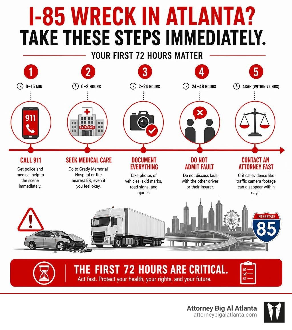 Steps to take immediately after an I-85 wreck in Atlanta with timeline and key actions infographic
