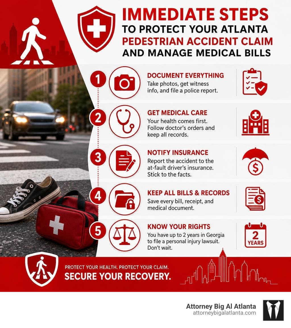 Infographic showing immediate steps to protect Atlanta pedestrian accident claim and manage medical bills infographic