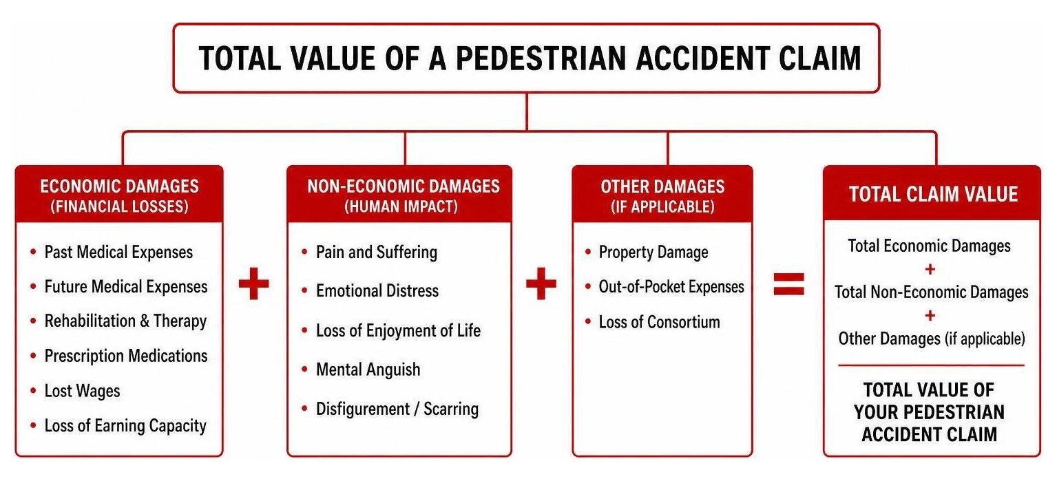 Diagram showing how the total value of a pedestrian accident claim is calculated