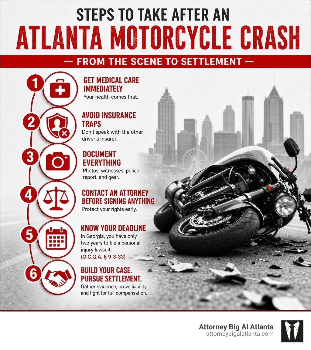 Steps to take after an Atlanta motorcycle crash — from the scene to settlement infographic